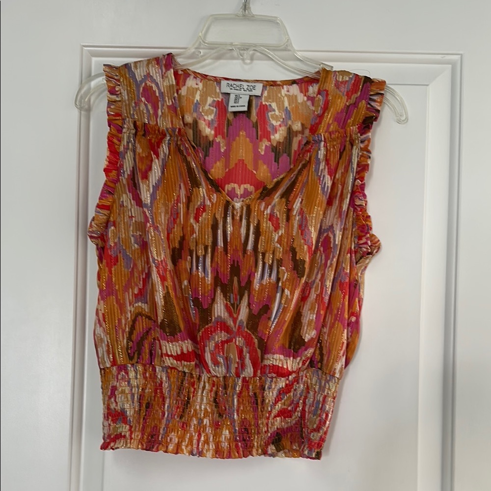 Rachel Zoe Orange and Brown Sleeveless Ruffled Blouse